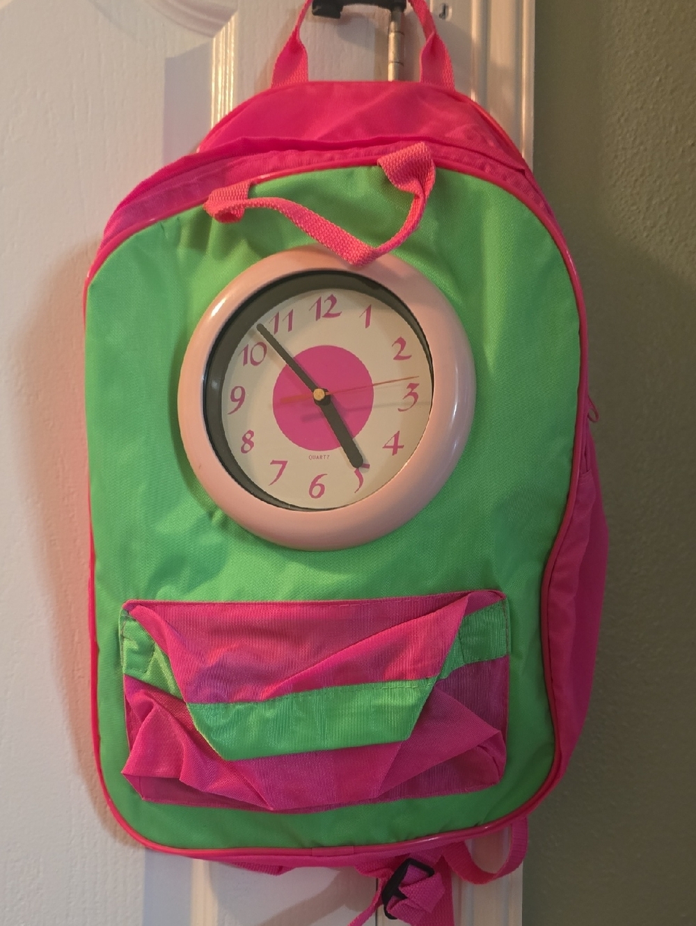 Green and Pink Backpack with Clock Detail